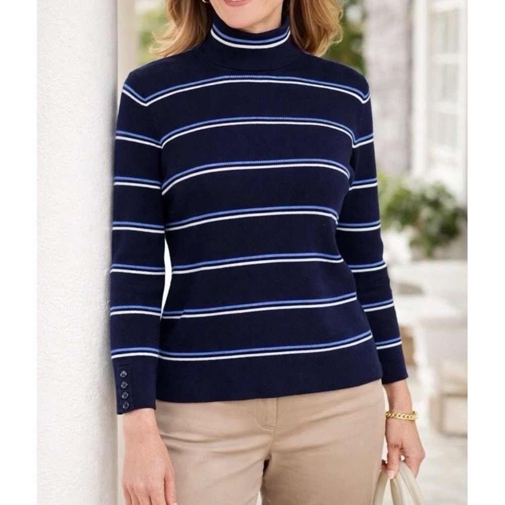 Talbots Womens Turtleneck Size Small Petite Navy Blue Stripe Ribbed Top Preppy